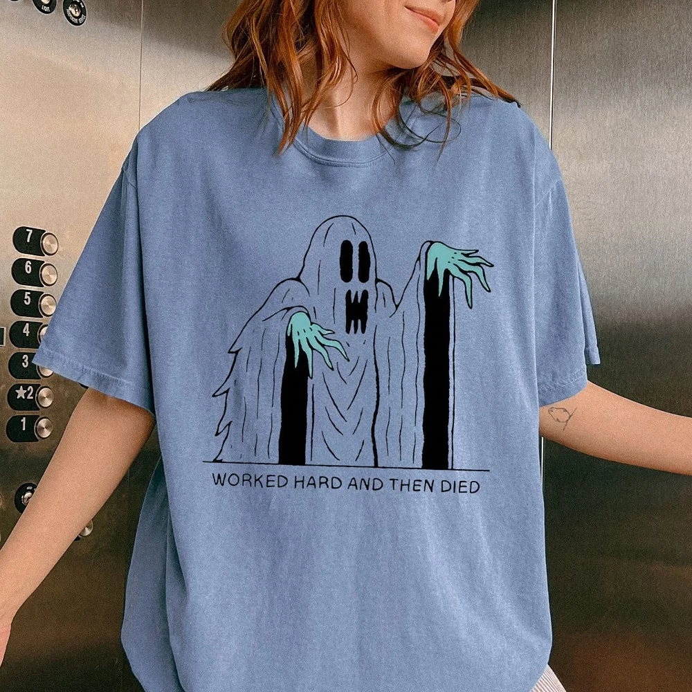 Worked Hard And Then Died Dark Humor Ghost Tee Funny Overworked Blue Collar Gift