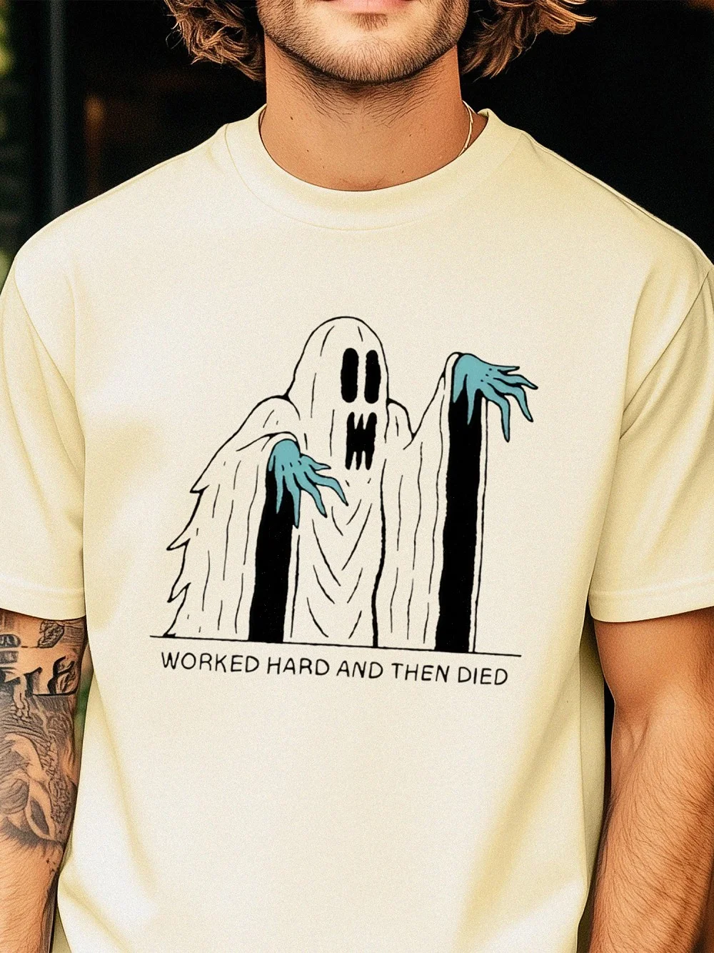 Worked Hard And Then Died Dark Humor Ghost Tee Funny Overworked Blue Collar Gift