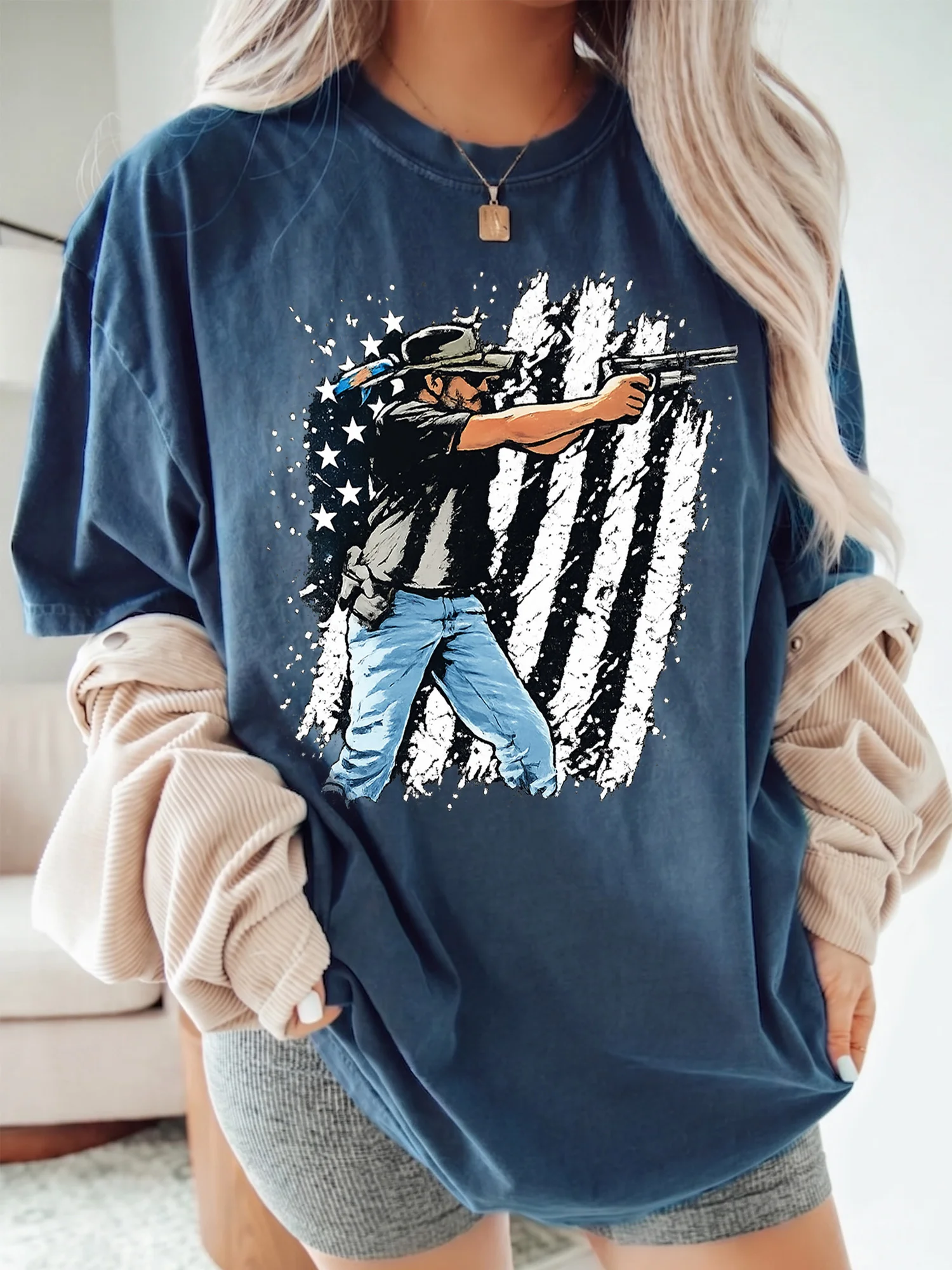 Patriotic Gun Distressed American Flag Tee Second Amendment Range Day Shirt