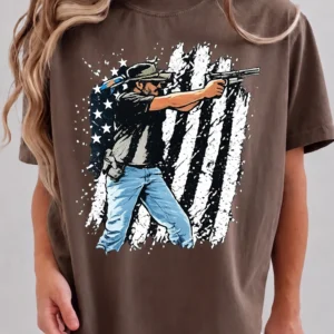 Patriotic Gun Distressed American Flag Tee Second Amendment Range Day Shirt