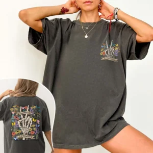 Good Energy Is Contagious Tee Floral Skeleton Peace Sign Positive Message Shirt for Women