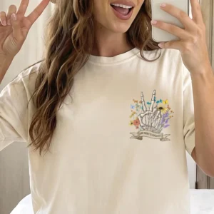 Good Energy Is Contagious Tee Floral Skeleton Peace Sign Positive Message Shirt for Women