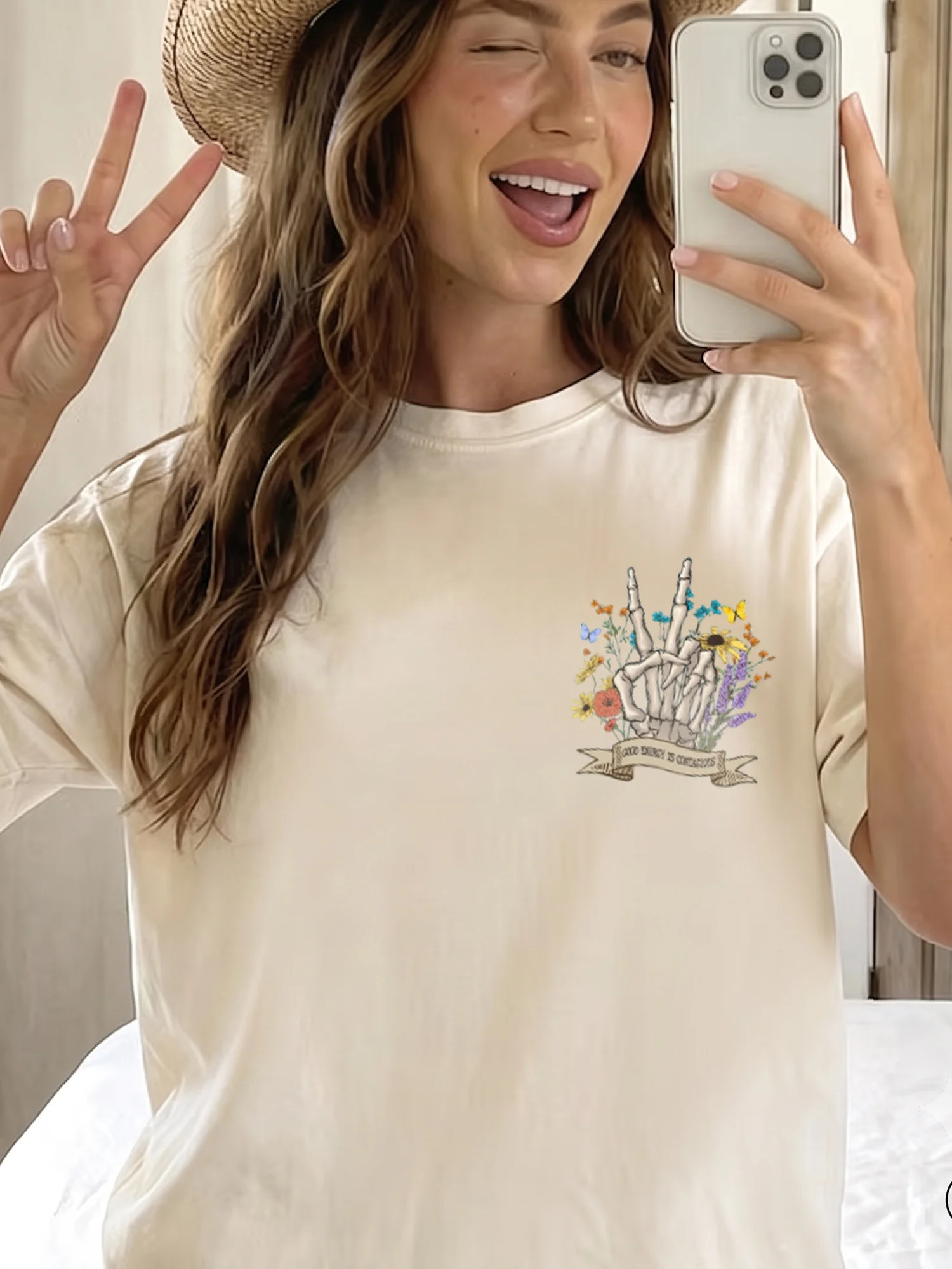 Good Energy Is Contagious Tee Floral Skeleton Peace Sign Positive Message Shirt for Women