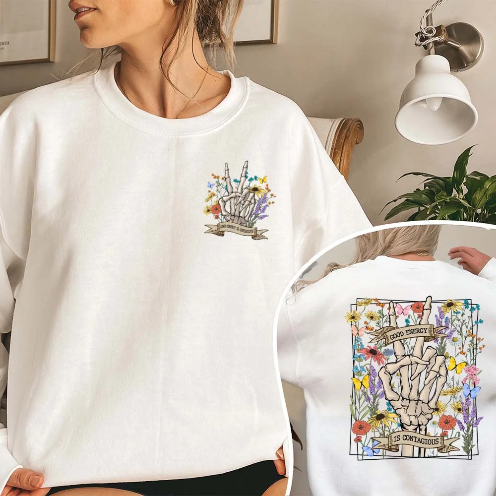 Good Energy Is Contagious Tee Floral Skeleton Peace Sign Positive Message Shirt for Women