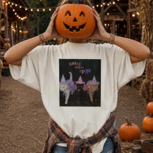 Girls Will Be Girls Halloween Cat Witch Tee Funny Spooky Season Graphic Shirt for Women