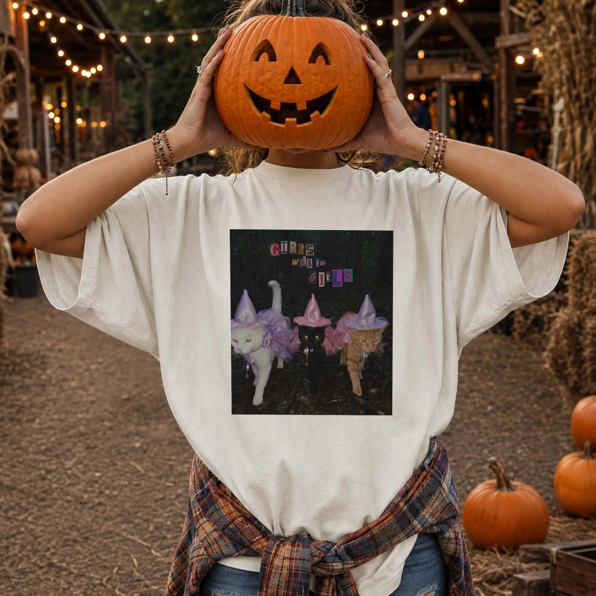 Girls Will Be Girls Halloween Cat Witch Tee Funny Spooky Season Graphic Shirt for Women