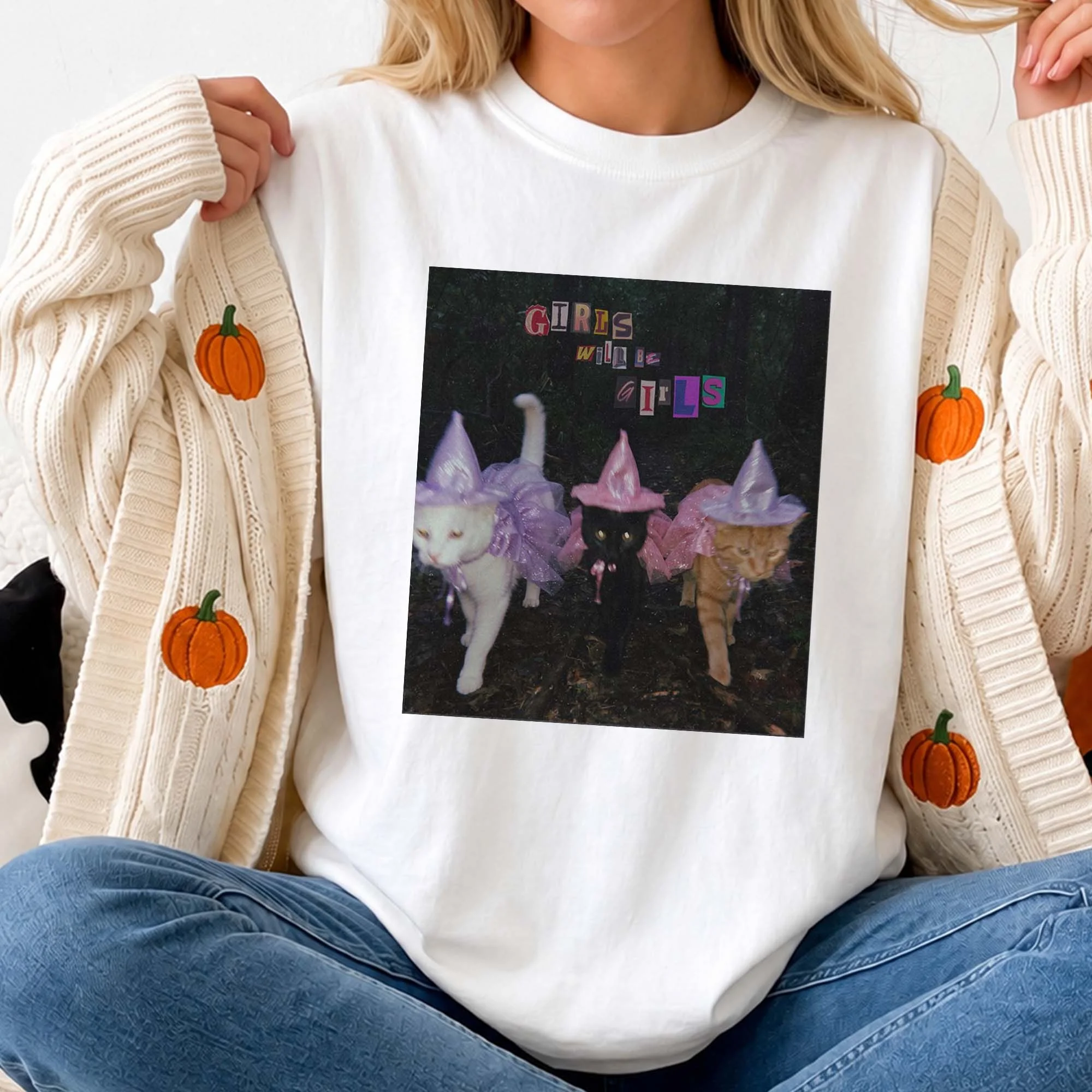 Girls Will Be Girls Halloween Cat Witch Tee Funny Spooky Season Graphic Shirt for Women