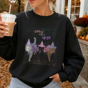 Girls Will Be Girls Halloween Cat Witch Tee Funny Spooky Season Graphic Shirt for Women