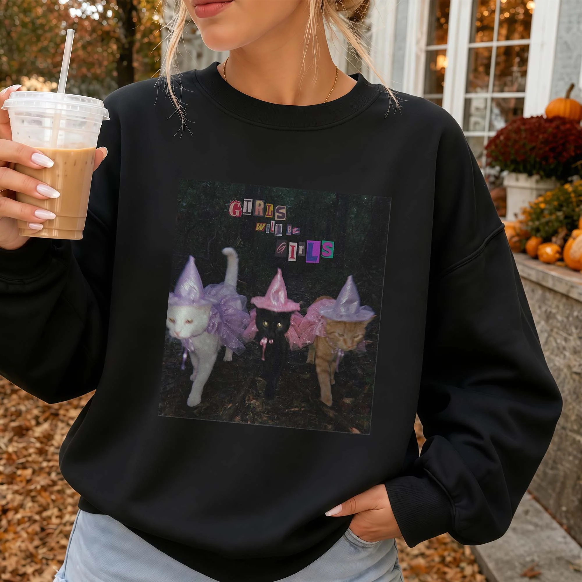 Girls Will Be Girls Halloween Cat Witch Tee Funny Spooky Season Graphic Shirt for Women