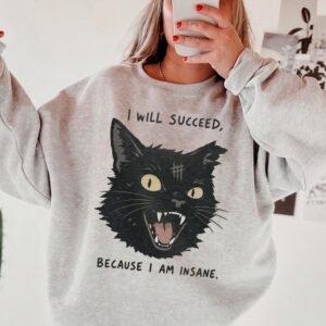 I Will Succeed Because I Am Insane Sweatshirt Funny Black Cat Sarcastic Graphic Pullover