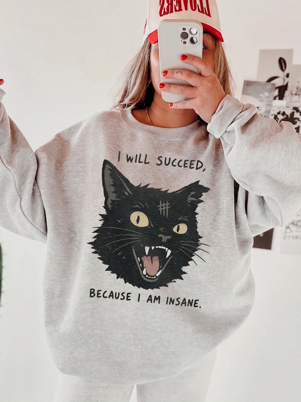 I Will Succeed Because I Am Insane Sweatshirt Funny Black Cat Sarcastic Graphic Pullover