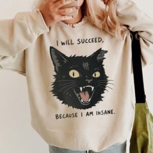 I Will Succeed Because I Am Insane Sweatshirt Funny Black Cat Sarcastic Graphic Pullover