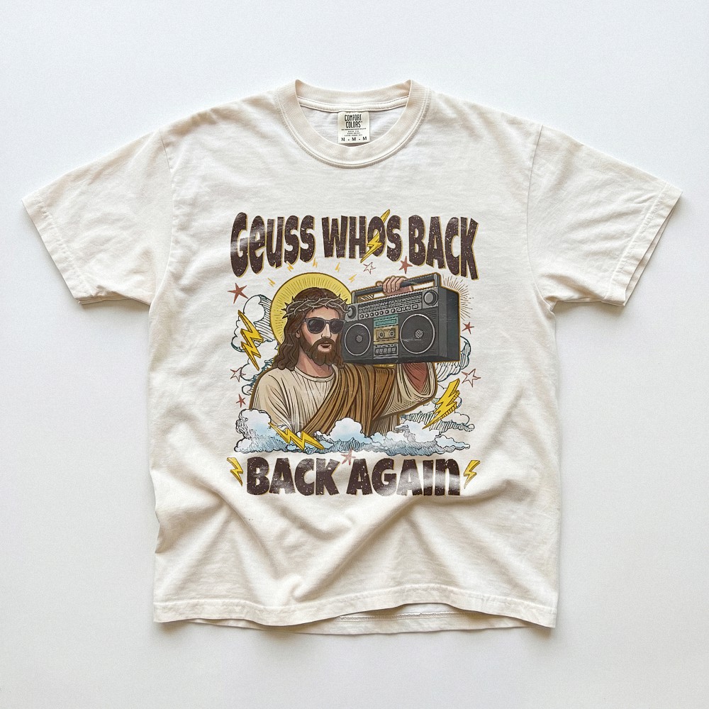 Guess Who's Back Back Again Jesus Boombox Meme Tee Funny Retro Christian Graphic Shirt