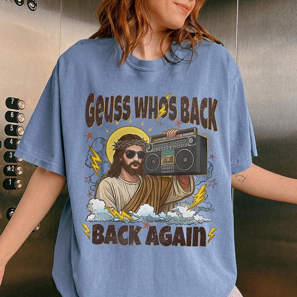Guess Who's Back Back Again Jesus Boombox Meme Tee Funny Retro Christian Graphic Shirt