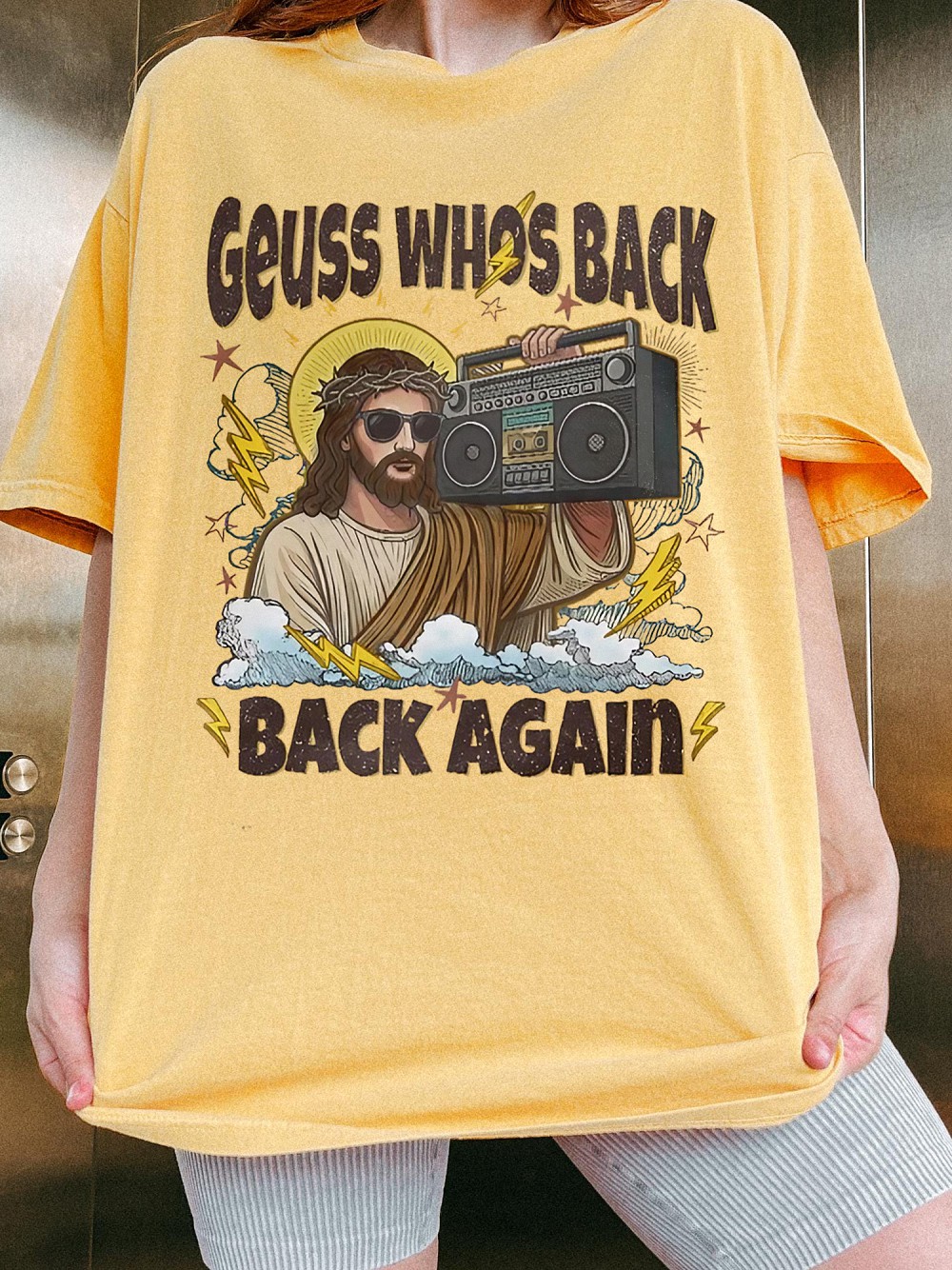 Guess Who's Back Back Again Jesus Boombox Meme Tee Funny Retro Christian Graphic Shirt