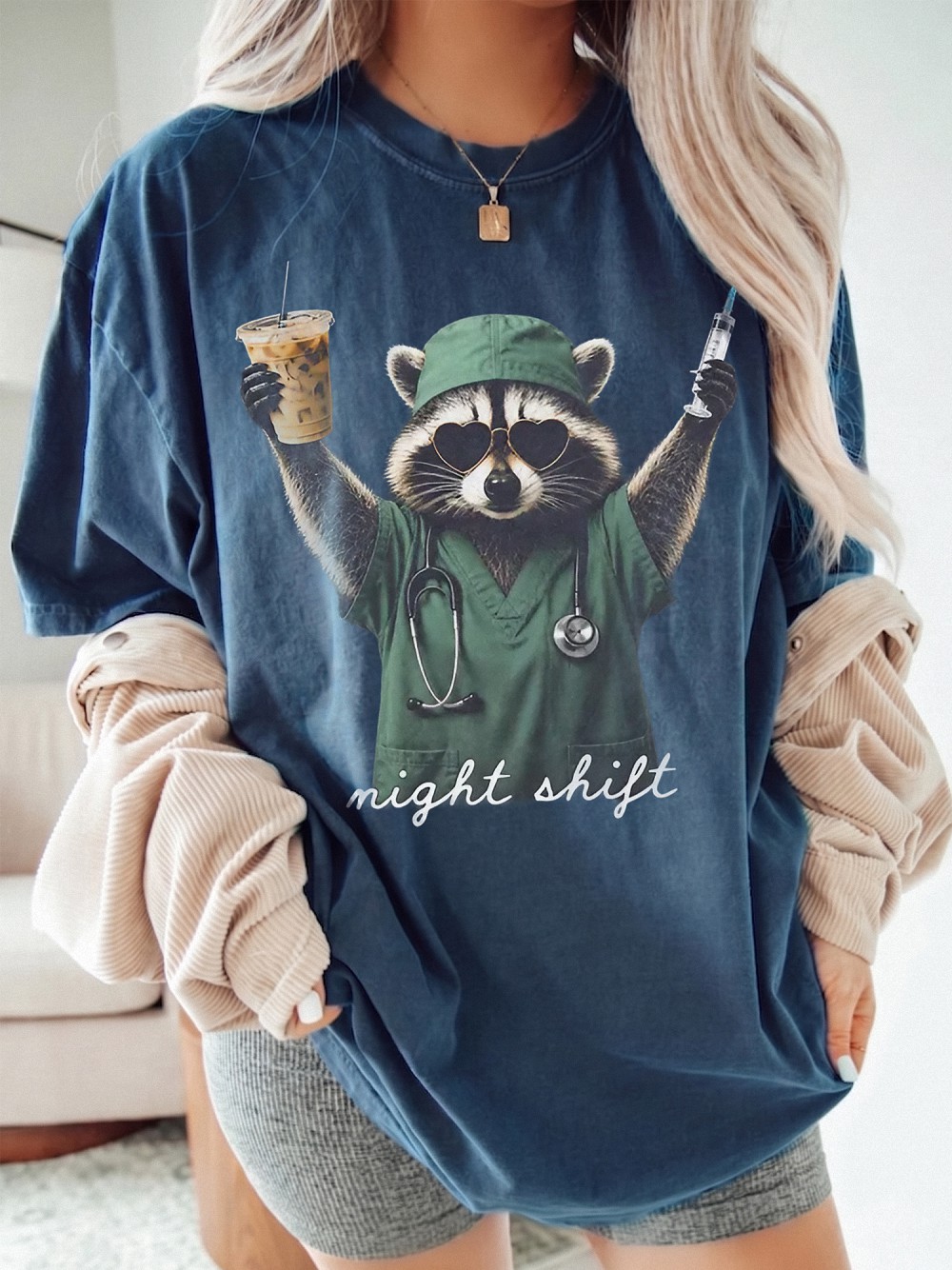 Night Shift Raccoon Nurse Tee Funny Medical Worker Gift