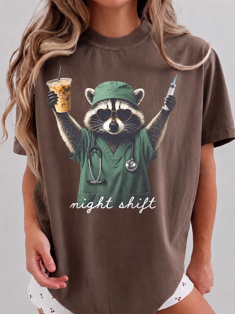 Night Shift Raccoon Nurse Tee Funny Medical Worker Gift