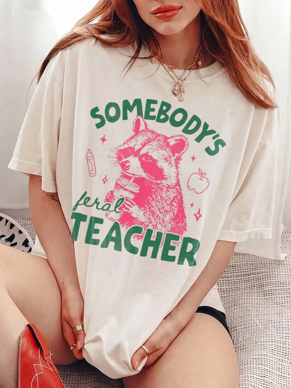 Somebody's Feral Teacher Tee Funny Back to School Shirt for Women