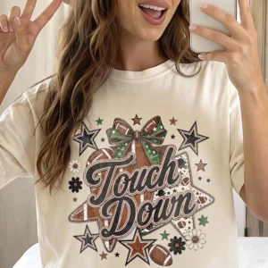 Touch Down Football Tee Retro Game Day Tailgate Shirt for Women