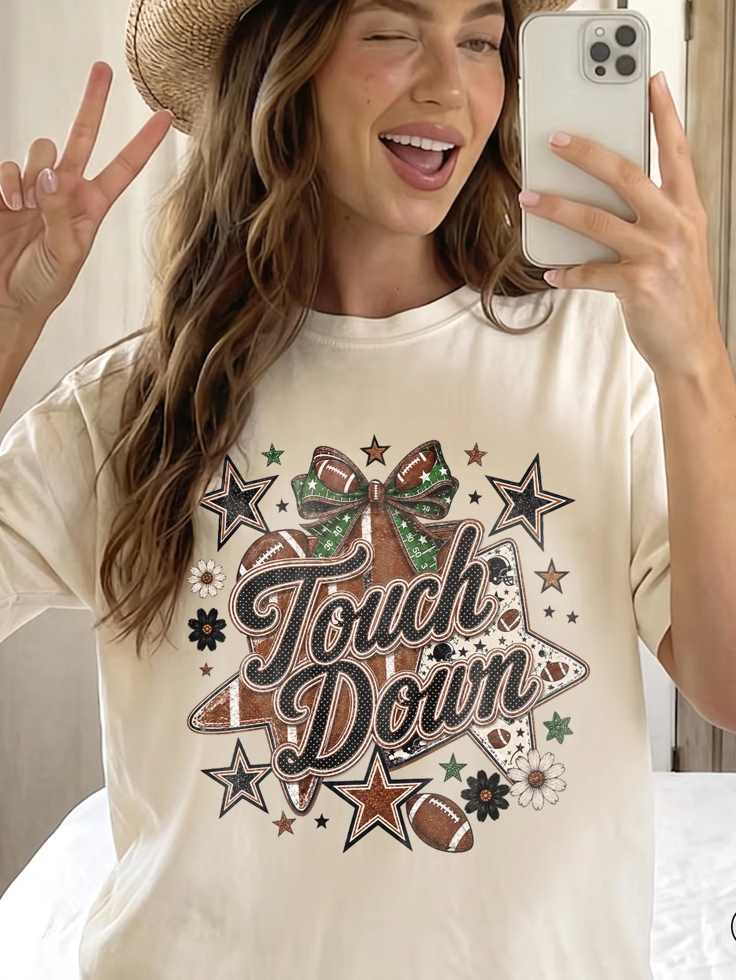 Touch Down Football Tee Retro Game Day Tailgate Shirt for Women