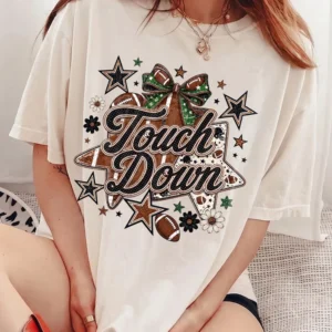 Touch Down Football Tee Retro Game Day Tailgate Shirt for Women