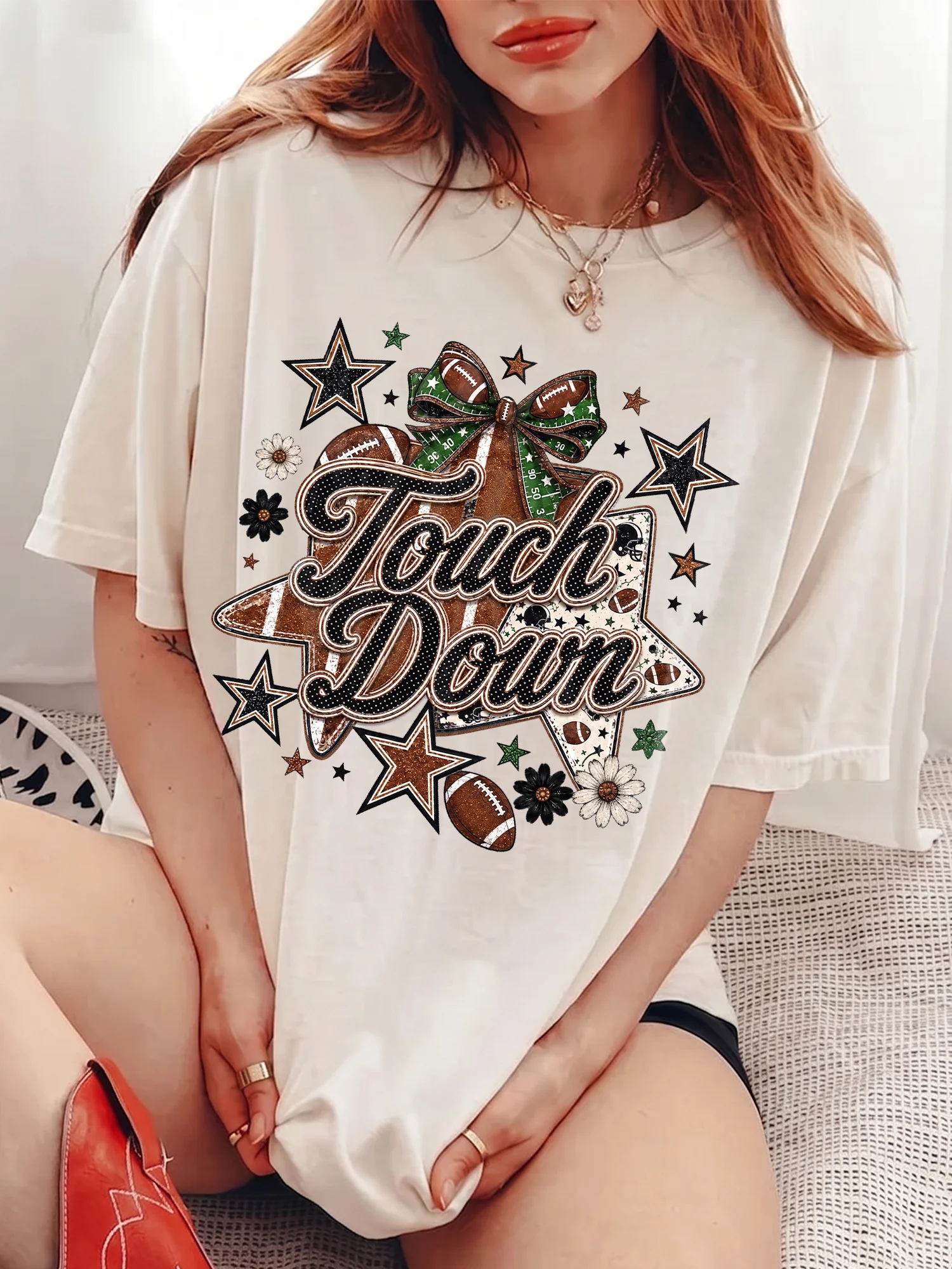 Touch Down Football Tee Retro Game Day Tailgate Shirt for Women