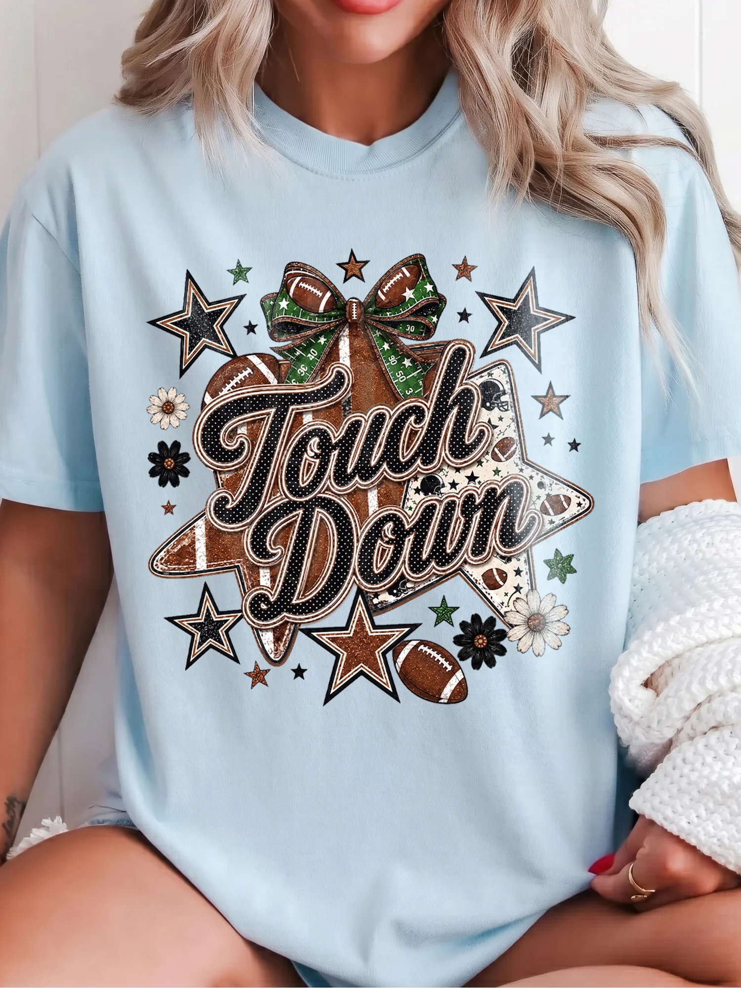 Touch Down Football Tee Retro Game Day Tailgate Shirt for Women