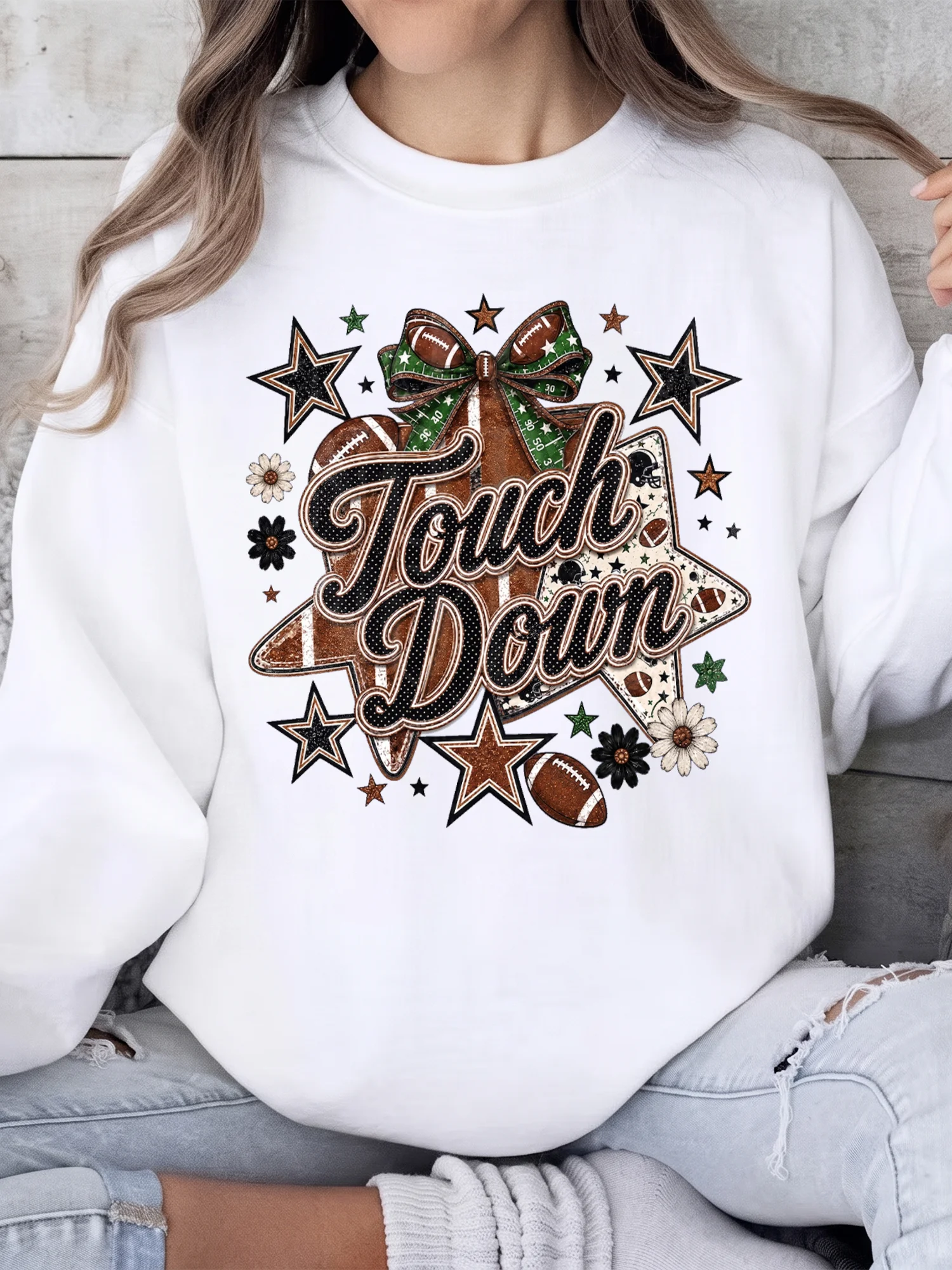 Touch Down Football Tee Retro Game Day Tailgate Shirt for Women