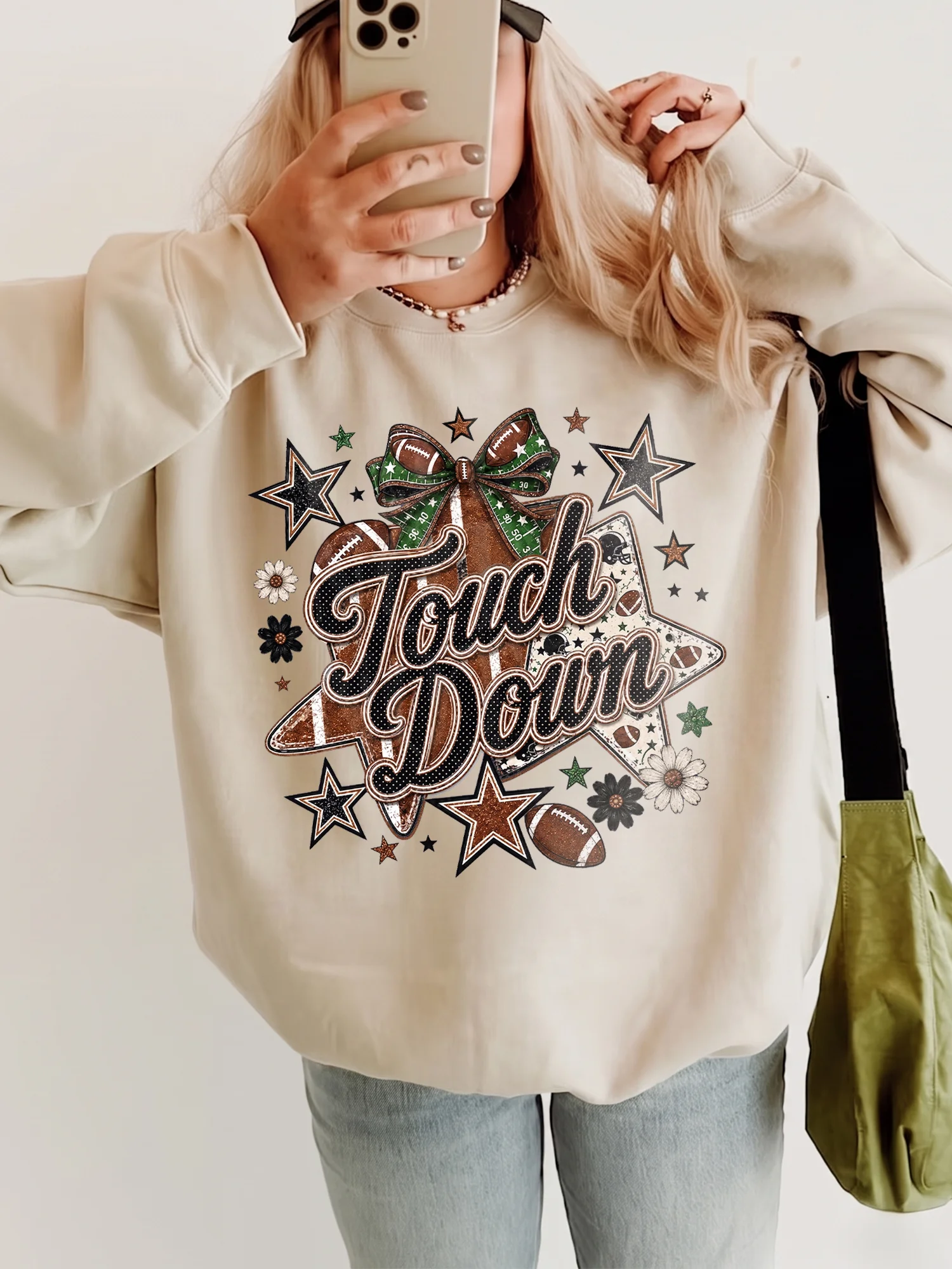 Touch Down Football Tee Retro Game Day Tailgate Shirt for Women