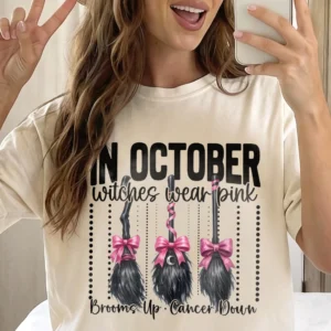 In October Witches Wear Pink Breast Cancer Awareness Tee Brooms Up Cancer Down Support Gift