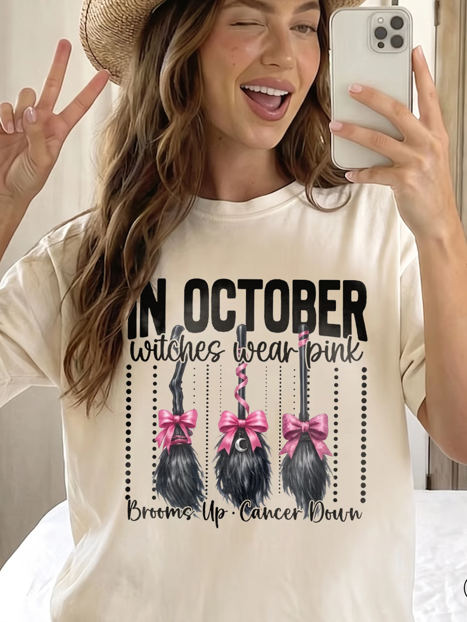In October Witches Wear Pink Breast Cancer Awareness Tee Brooms Up Cancer Down Support Gift
