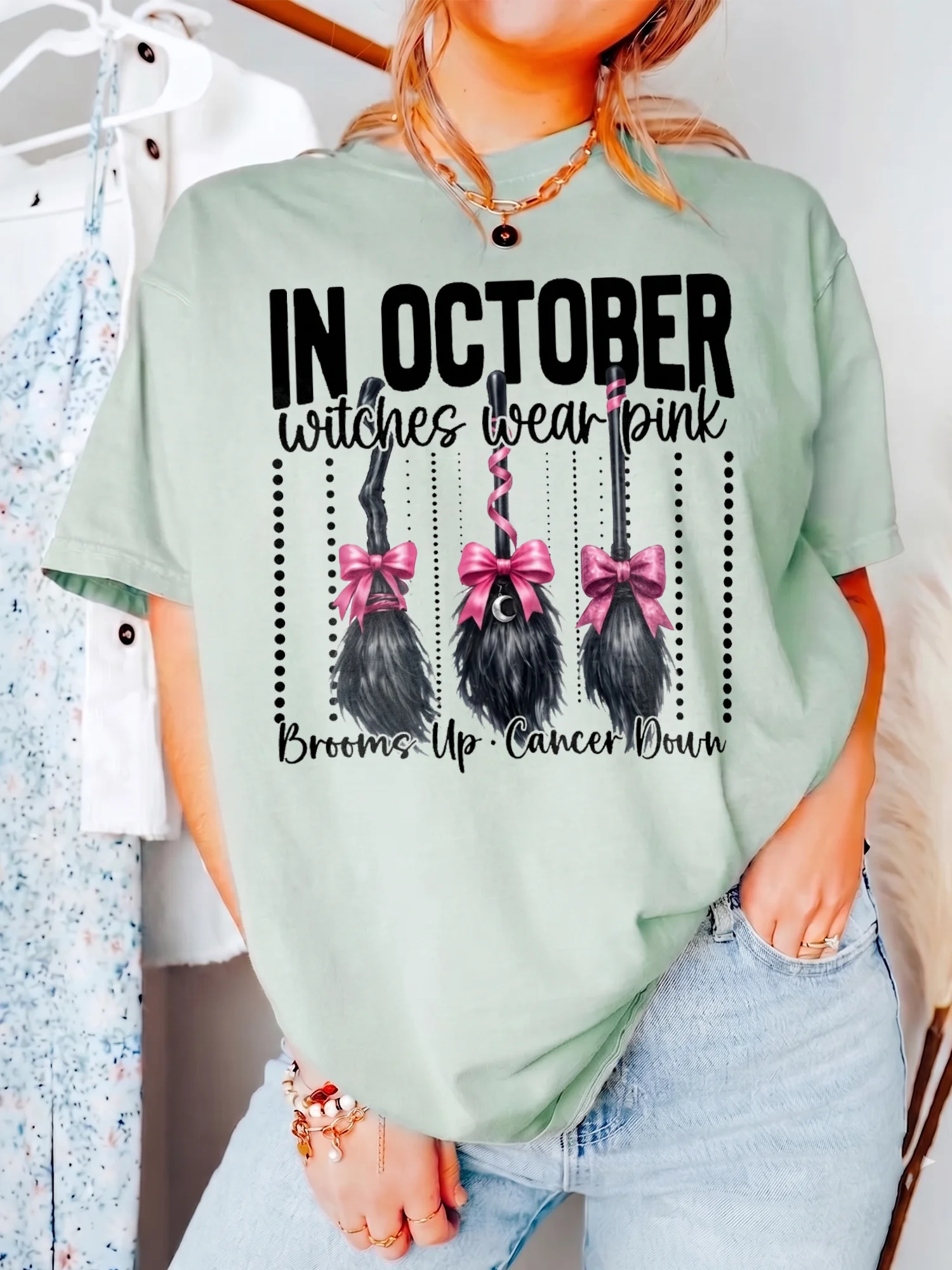 In October Witches Wear Pink Breast Cancer Awareness Tee Brooms Up Cancer Down Support Gift