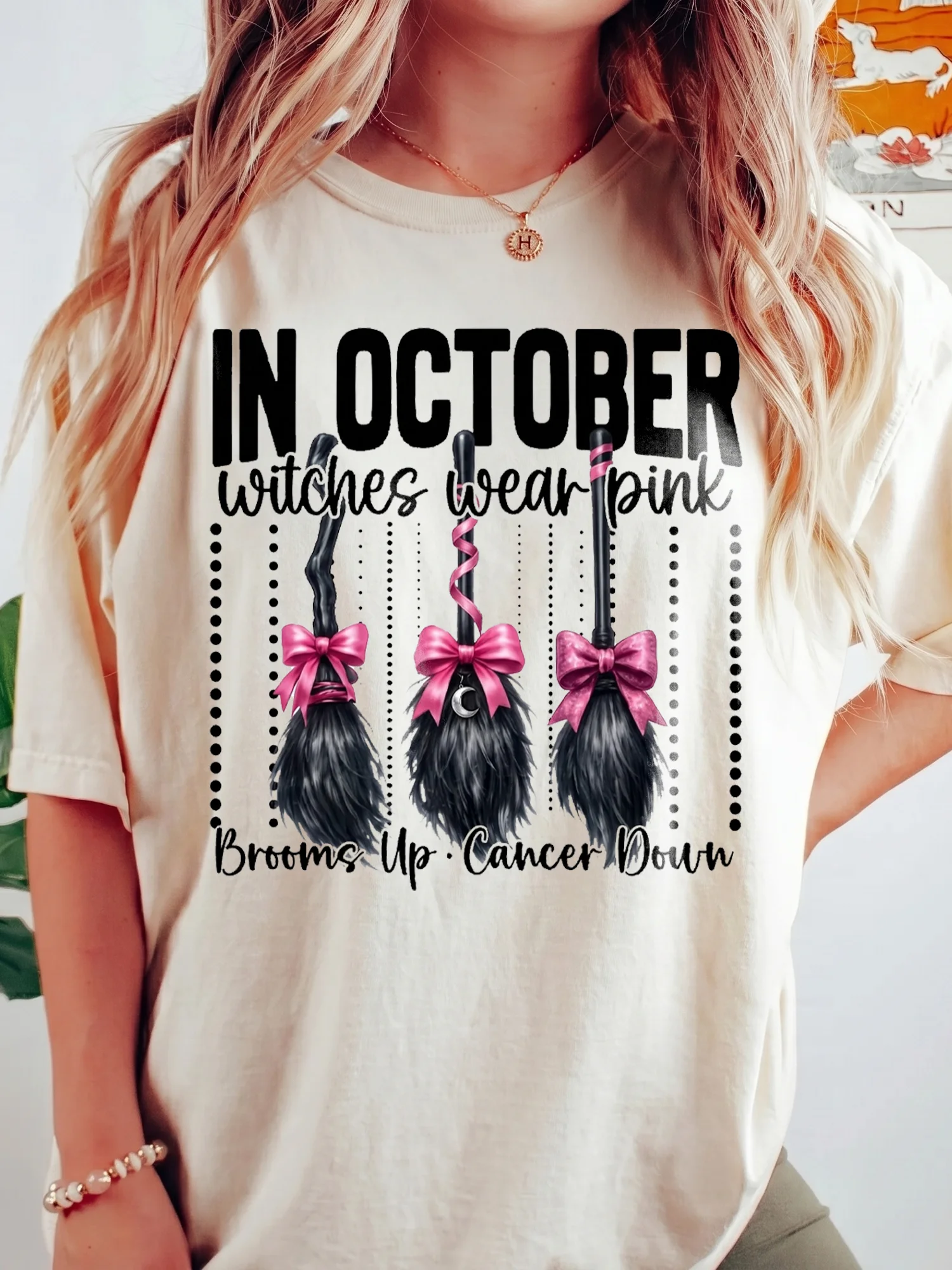 In October Witches Wear Pink Breast Cancer Awareness Tee Brooms Up Cancer Down Support Gift