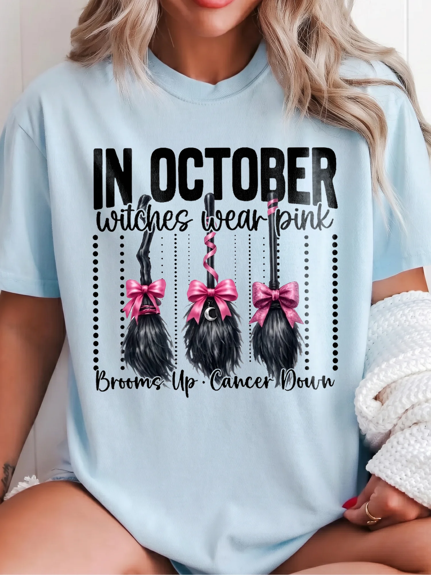 In October Witches Wear Pink Breast Cancer Awareness Tee Brooms Up Cancer Down Support Gift