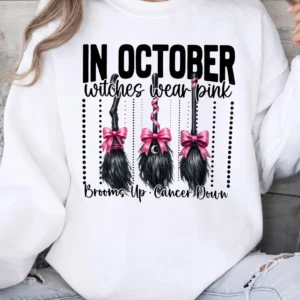 In October Witches Wear Pink Breast Cancer Awareness Tee Brooms Up Cancer Down Support Gift