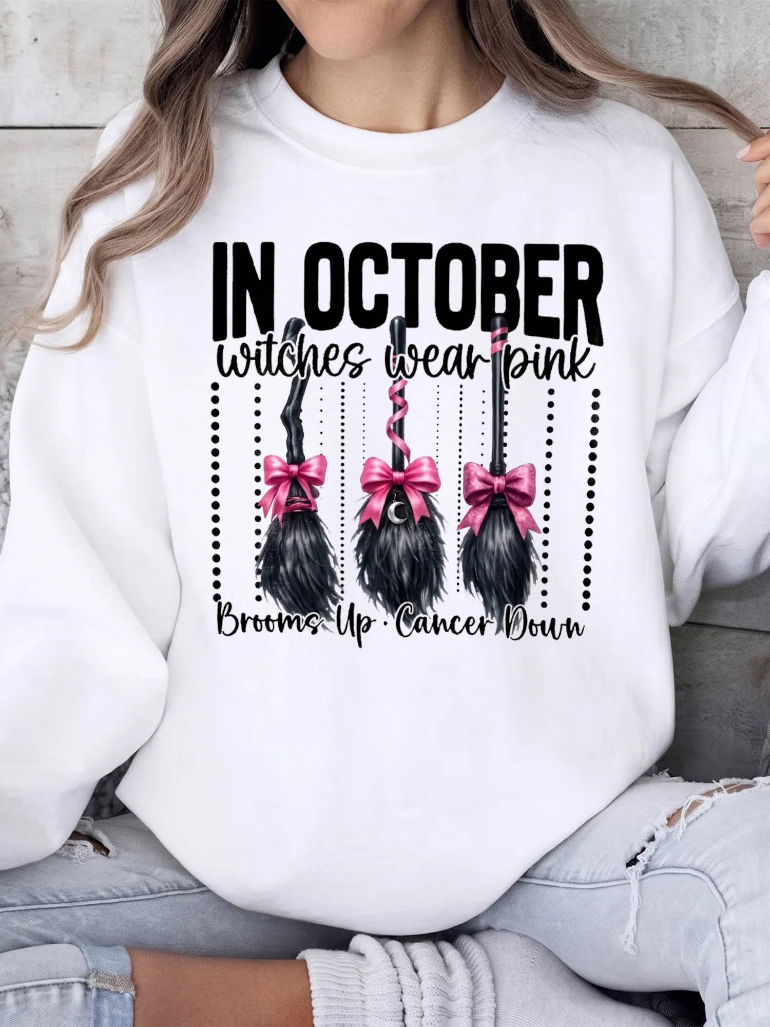 In October Witches Wear Pink Breast Cancer Awareness Tee Brooms Up Cancer Down Support Gift