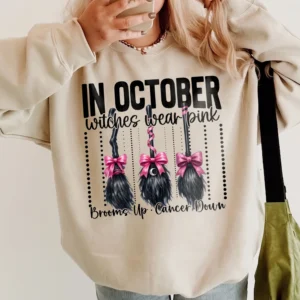 In October Witches Wear Pink Breast Cancer Awareness Tee Brooms Up Cancer Down Support Gift
