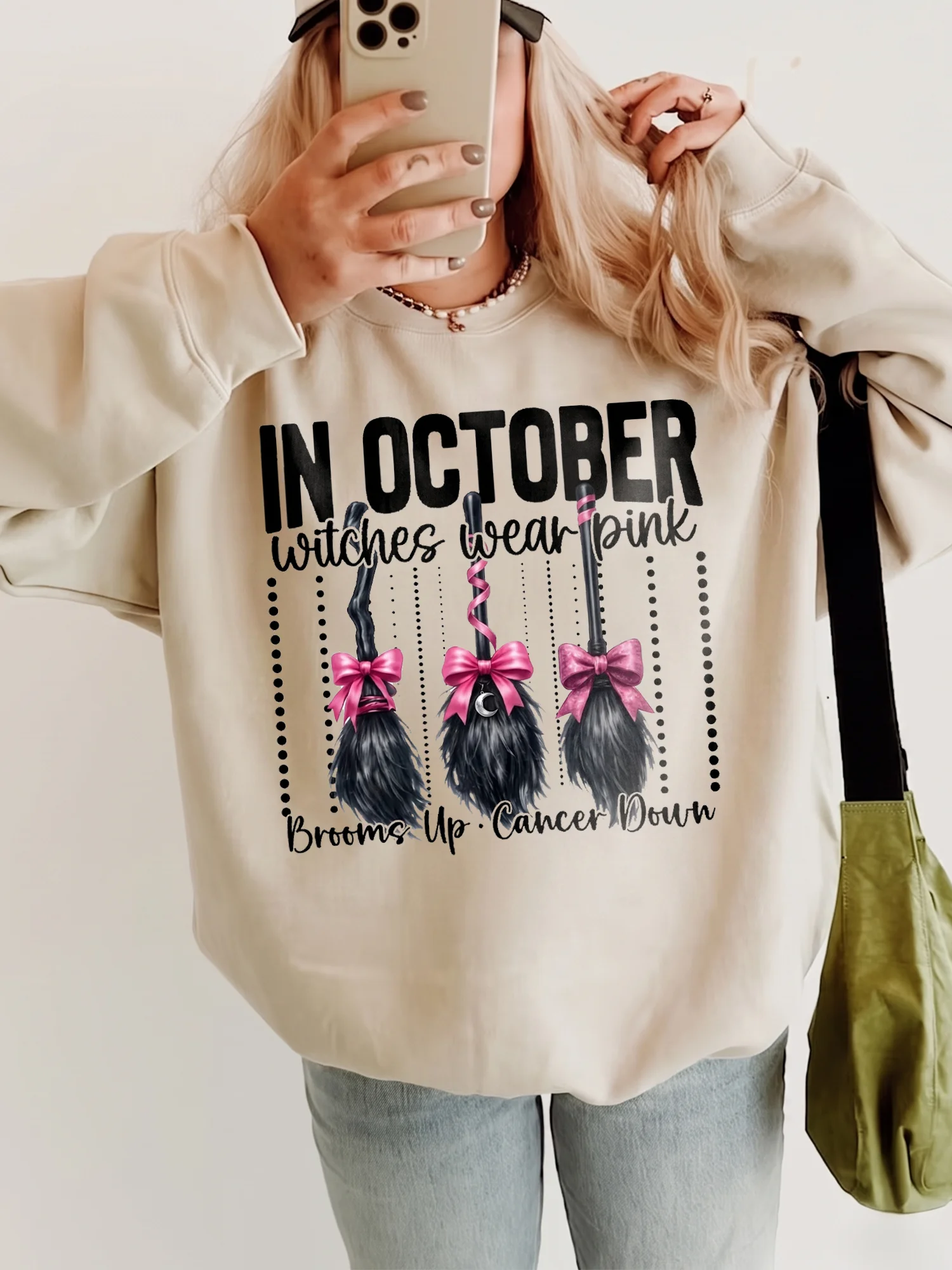 In October Witches Wear Pink Breast Cancer Awareness Tee Brooms Up Cancer Down Support Gift