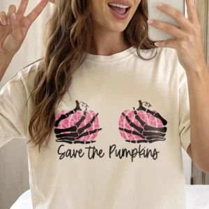 Save the Pumpkins Tee Funny Skeleton Breast Cancer Awareness Halloween Shirt for Women
