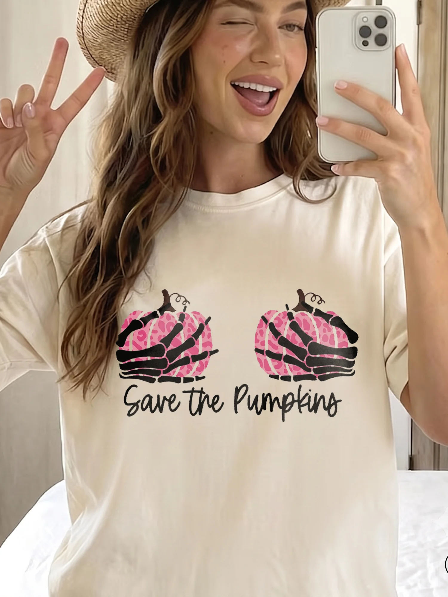 Save the Pumpkins Tee Funny Skeleton Breast Cancer Awareness Halloween Shirt for Women