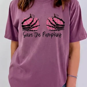 Save the Pumpkins Tee Funny Skeleton Breast Cancer Awareness Halloween Shirt for Women