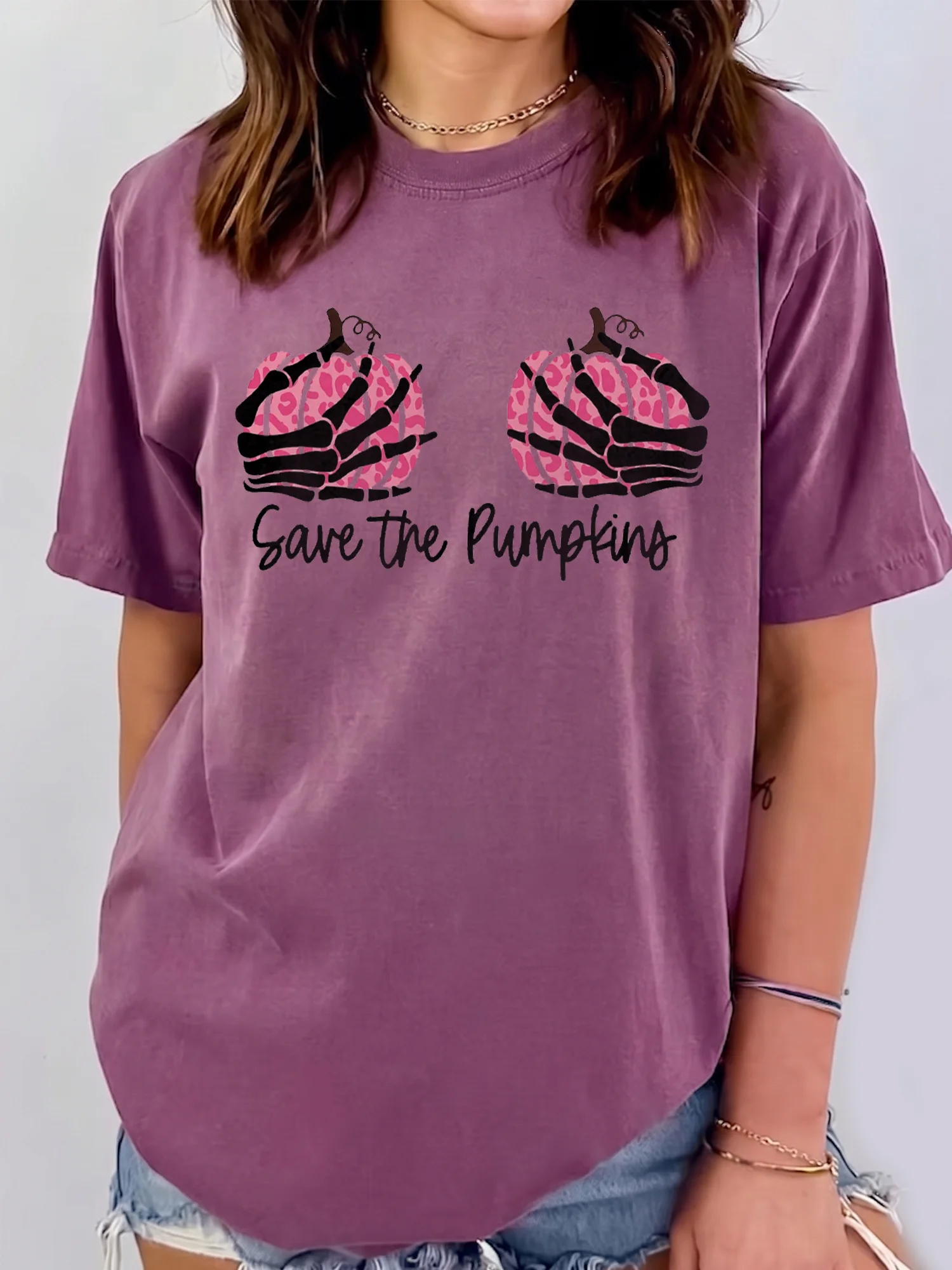 Save the Pumpkins Tee Funny Skeleton Breast Cancer Awareness Halloween Shirt for Women
