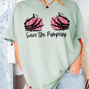 Save the Pumpkins Tee Funny Skeleton Breast Cancer Awareness Halloween Shirt for Women