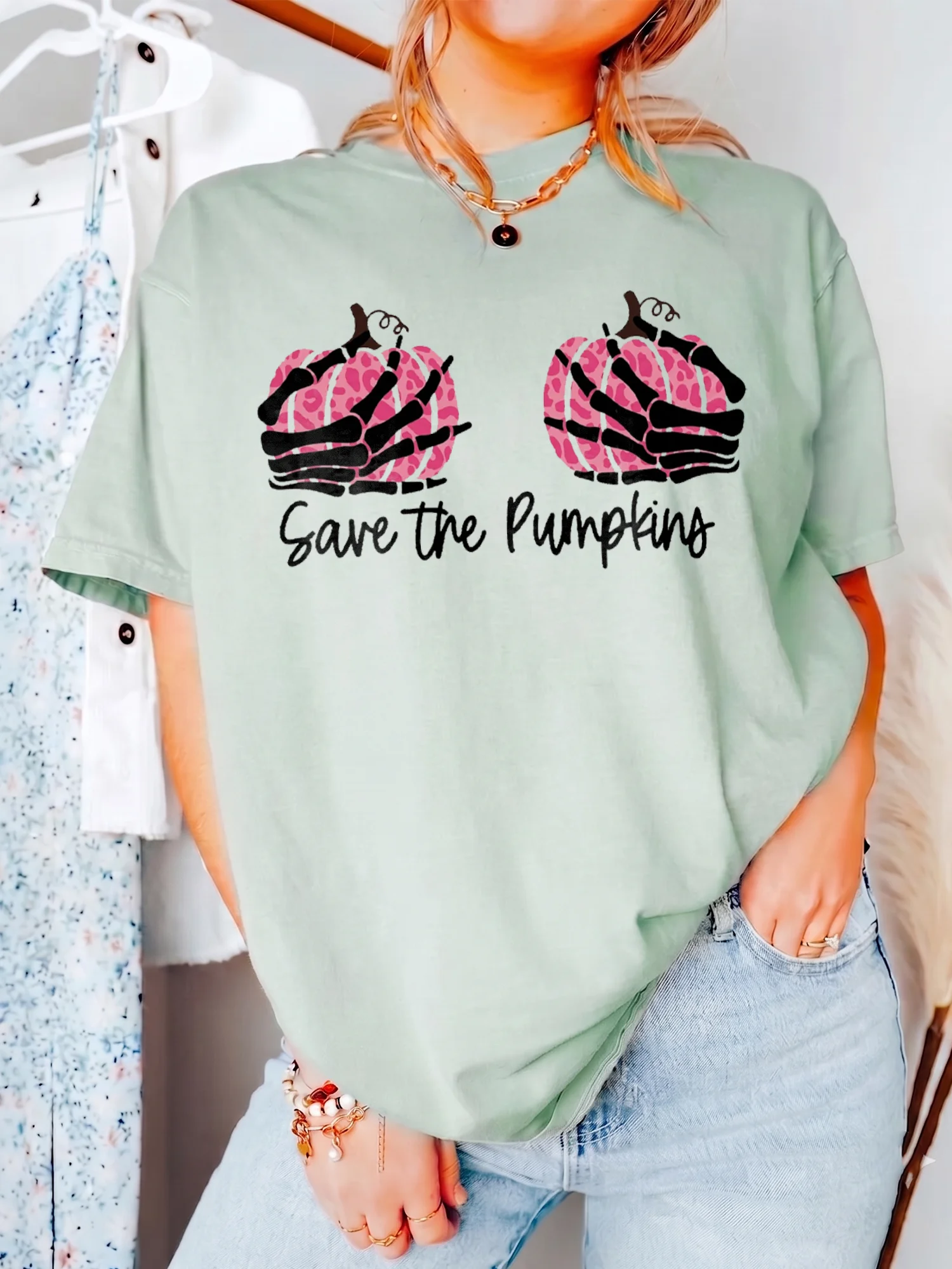 Save the Pumpkins Tee Funny Skeleton Breast Cancer Awareness Halloween Shirt for Women
