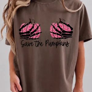 Save the Pumpkins Tee Funny Skeleton Breast Cancer Awareness Halloween Shirt for Women
