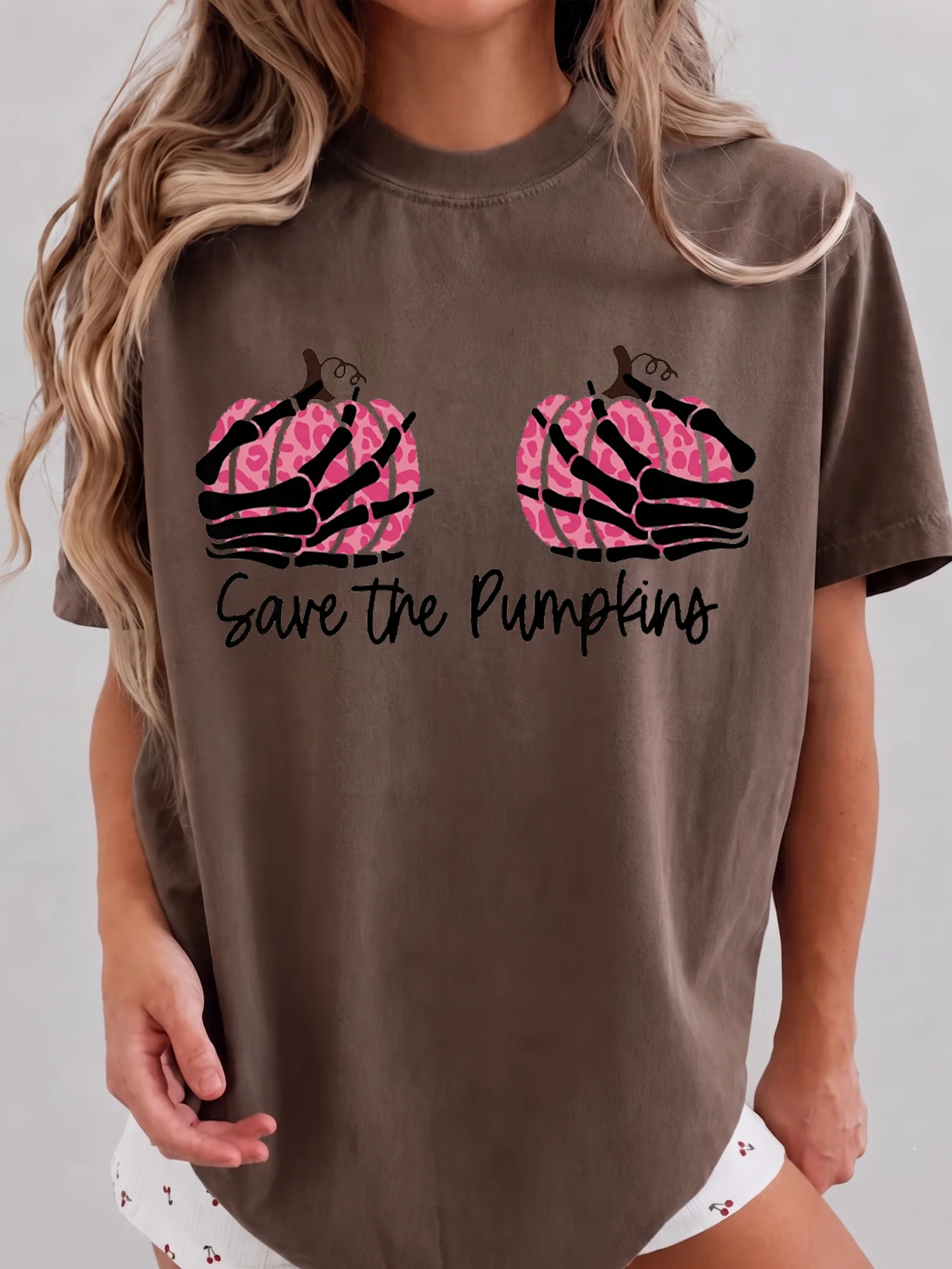Save the Pumpkins Tee Funny Skeleton Breast Cancer Awareness Halloween Shirt for Women