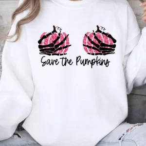 Save the Pumpkins Tee Funny Skeleton Breast Cancer Awareness Halloween Shirt for Women