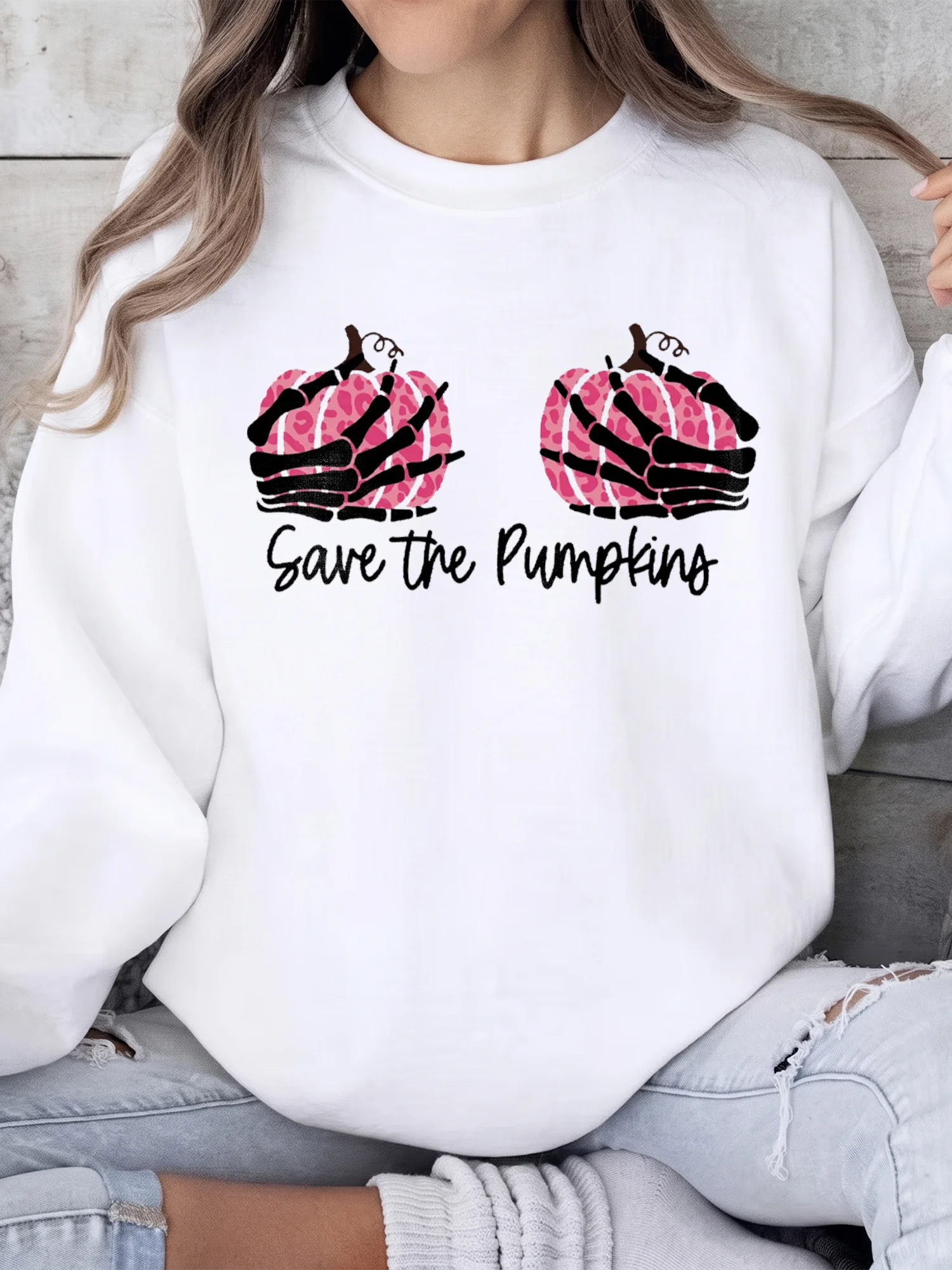Save the Pumpkins Tee Funny Skeleton Breast Cancer Awareness Halloween Shirt for Women