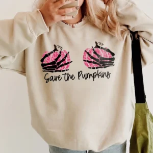 Save the Pumpkins Tee Funny Skeleton Breast Cancer Awareness Halloween Shirt for Women
