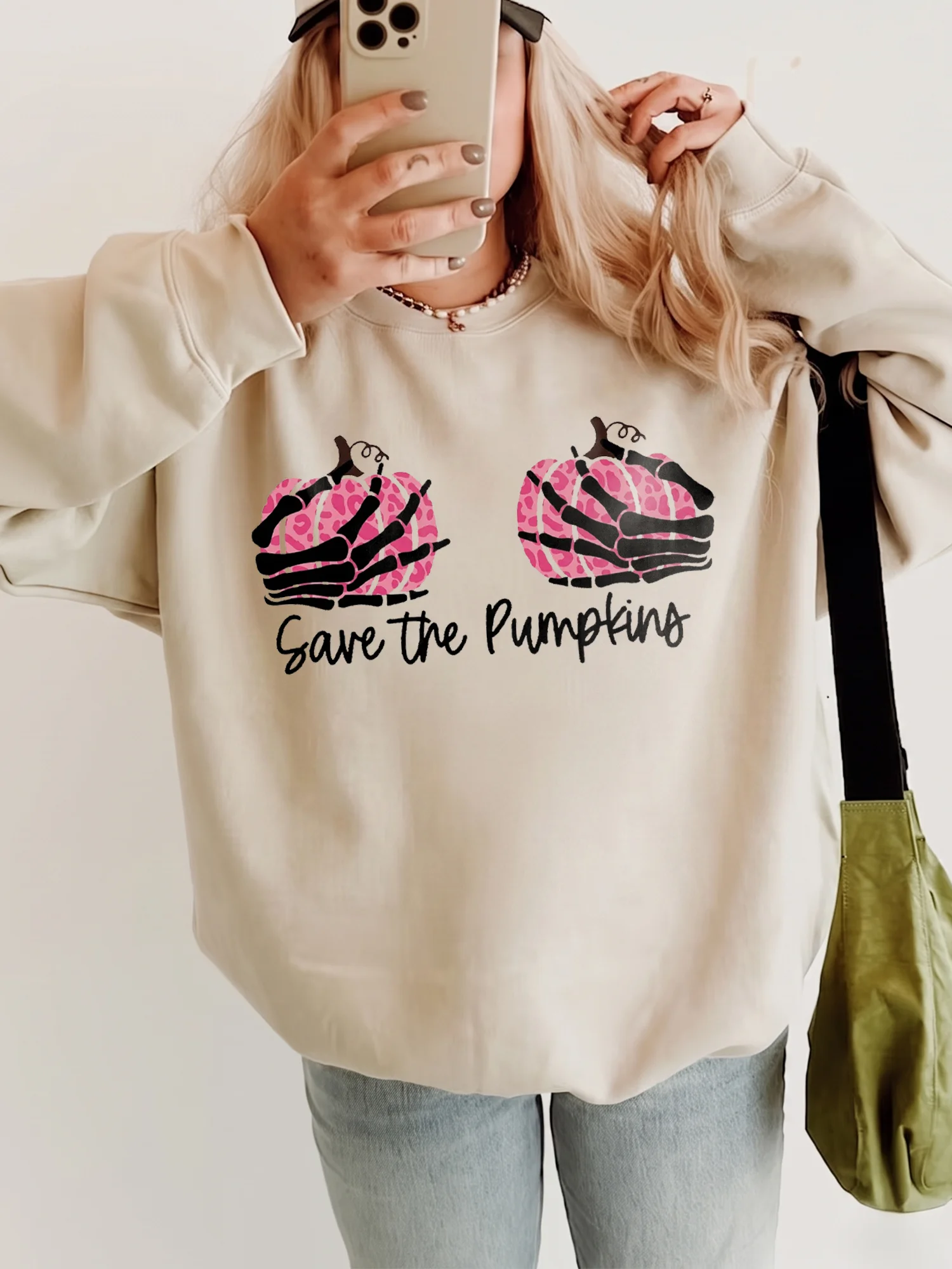 Save the Pumpkins Tee Funny Skeleton Breast Cancer Awareness Halloween Shirt for Women